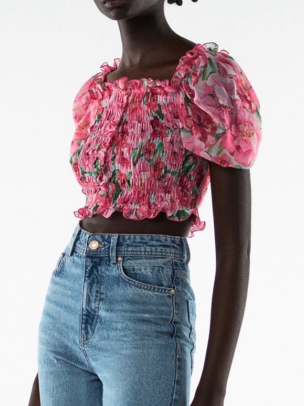 ZARA Pink Floral Smocked Crop Top with Puff Sleeves